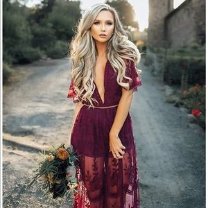 Women’s Deep V-Neck Maroon Lace Overlay Dress